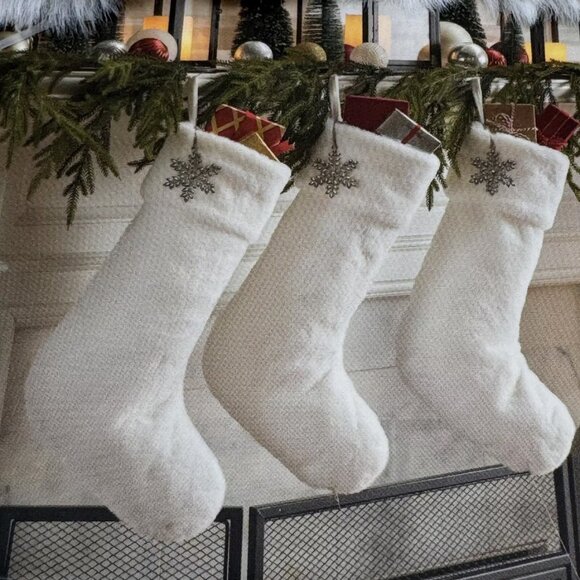 x3 Martha Stewart White Faux Fur Christmas Stocking Set Silver Jeweled Snowflake - Picture 2 of 7
